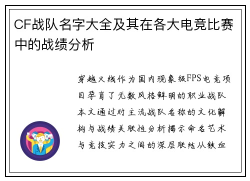 CF战队名字大全及其在各大电竞比赛中的战绩分析