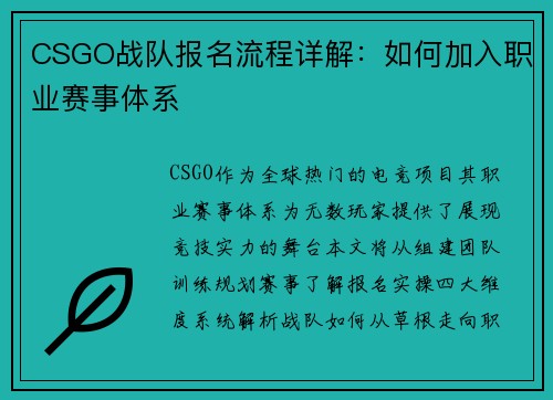 CSGO战队报名流程详解：如何加入职业赛事体系